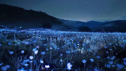 Wall Mural - A wild flowers field illuminated by stunning nighttime lighting cycling in winter