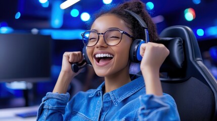 Excited Gamer Celebrating Victory in a Dynamic Gaming Environment with Headset and Joyful Expression