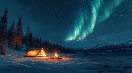 a campsite under the northern lights with a cozy fire and tents.