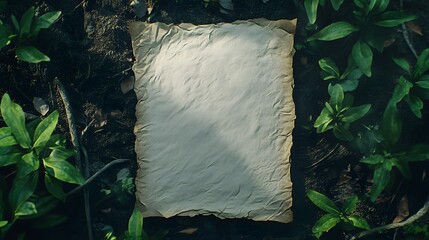 A Blank Parchment Paper Resting on a Bed of Lush Green Foliage