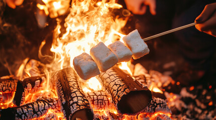 Toasting marshmallows over campfire on cozy evening