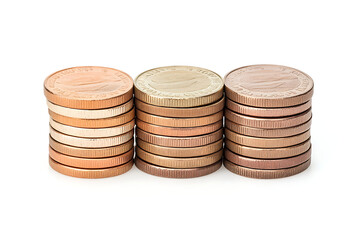 Stacked coins in different colors on a white isolated background.