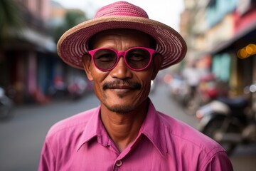 Wall Mural - Portrait of a handsome Indian man wearing pink hat and glasses on the street.