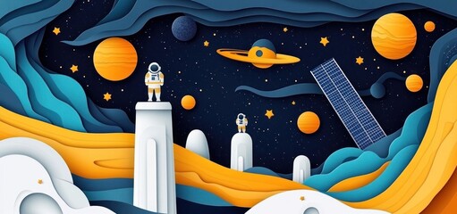 Wall Mural - a vibrant space scene featuring astronauts, planets, and a solar panel in a colorful cosmic landscap