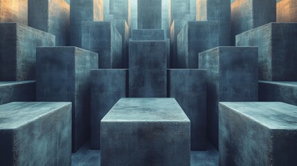 Aufkleber - Concrete blocks create a unique staggered arrangement, reflecting the soft light of dawn, showcasing an intriguing urban architectural design.