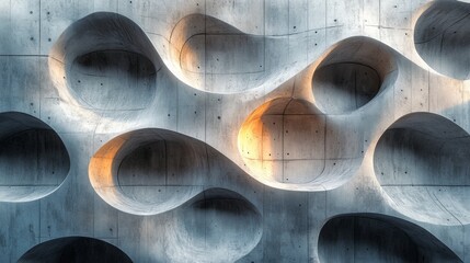 Aufkleber - A striking abstract concrete wall showcases various curved recesses, some illuminated by natural light, creating a captivating visual contrast and texture.