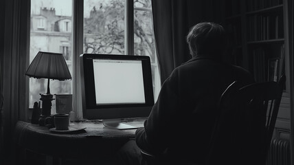 Wall Mural - a man sits at a desk with a computer monitor in front of him. the room is dimly lit, and the man is 