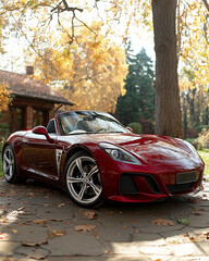 A red luxury convertible parked under autumn trees in a serene outdoor setting, showcasing sleek design and elegance