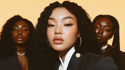 Group of young people of different ethnicities looking upset and emotional on a yellow background