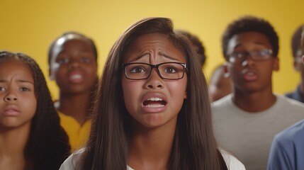 Group of young people of different ethnicities looking upset and emotional on a yellow background