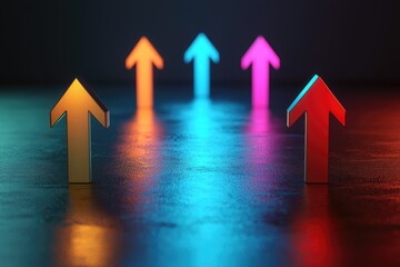 Wall Mural - colorful arrows illuminated in neon light on a dark background.