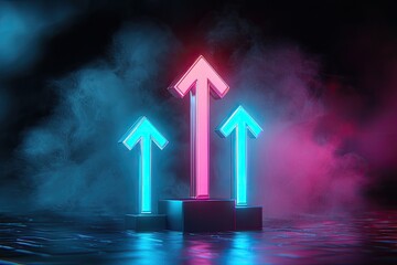 Wall Mural - neon arrows pointing upwards with fog, ideal for digital and technological themes.