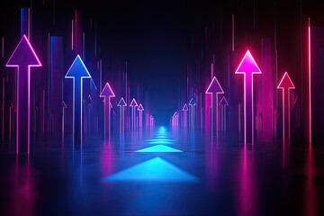 Wall Mural - vibrant neon arrows pointing forward in a dark futuristic environment.