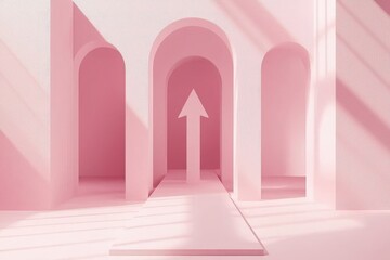 Wall Mural - Abstract architecture with pink arches and an upward arrow against a soft background.