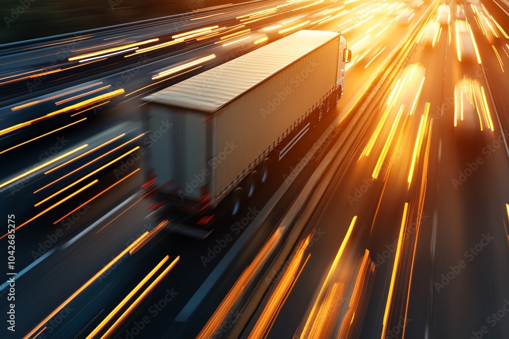 Motion blur of a truck on a busy highway with vibrant lights ...