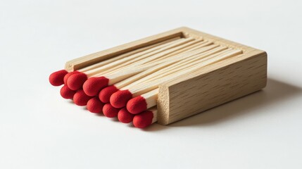 A close-up of an open pack of wooden matches isolated on a white background, with striking red tips and clean lines.