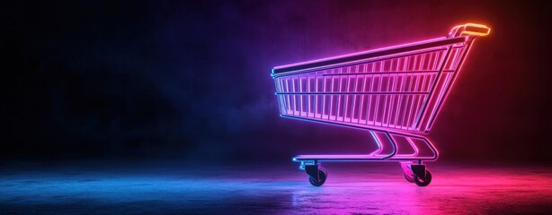 A neon-colored shopping cart illuminated against a dark background, blending vibrant hues of pink and blue, evoking a modern retail aesthetic.