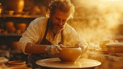 A potter shaping clay on a spinning wheel in a sunlit studio