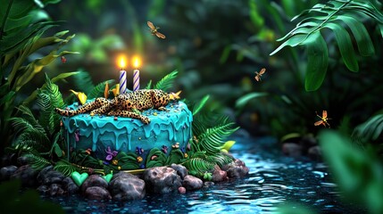 A vibrant birthday cake featuring a leopard, surrounded by lush greenery and a serene stream.