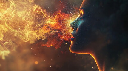 Poster - A mesmerizing portrait of a woman exhaling vibrant colorful smoke capturing the essence of transformation and emotion in artistry