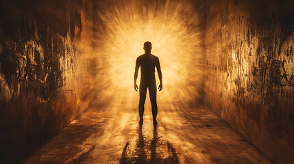 Aufkleber - Exploring the mystical journey a silhouette of a man standing in a glowing tunnel of light and shadows