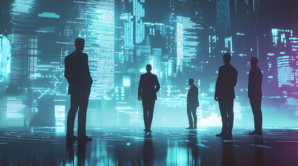 Poster - Silhouettes of business professionals standing against a futuristic cityscape with neon lights and digital elements