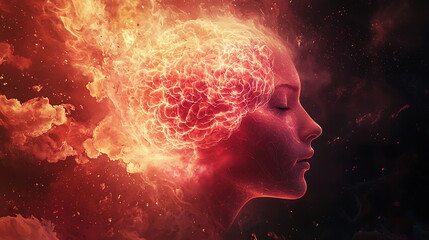 Aufkleber - Exploring the fiery depths of creativity a woman's profile featuring a mind ablaze with passion and inspiration