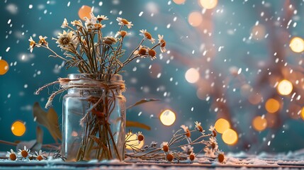 Wall Mural - Amazing scent jar with wildflowers and snowfall on a frosty landscape