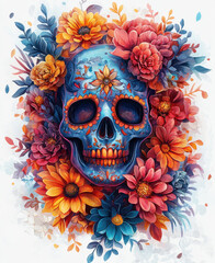 vibrant Day of Dead artwork featuring blue skull surrounded by colorful flowers. intricate details and bright colors evoke festive and celebratory atmosphere