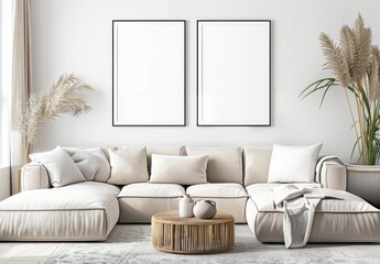 Modern living room interior with a large comfortable couch and two blank picture frames, perfect for showcasing your art or design work. Create a stylish and inviting ambiance.