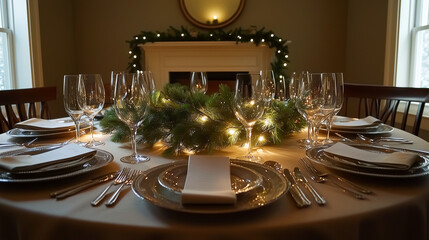 An elegant dinner setting features round tables adorned with white linens, floral arrangements, and sparkling lights, creating a festive and Christmas 
atmosphere