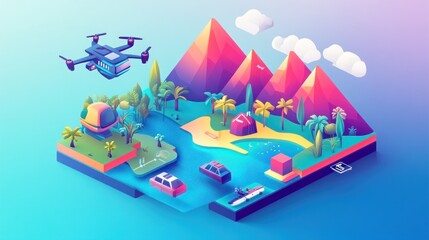 Isometric illustration of a drone delivering a package to a tropical island with a beach, cars, boats, and palm trees.