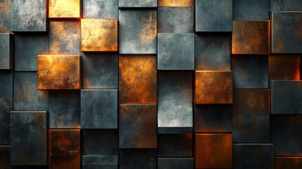 Leinwandbilder - A striking textured wall showcases a mix of metallic squares in varied sizes and colors, featuring dark tones paired with warm, glowing accents that create depth and interest.