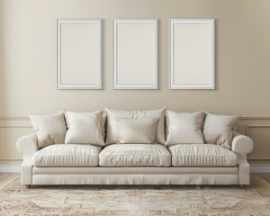 Modern living room interior with a beige sofa and three blank picture frames above it. Perfect for showcasing your artwork or designs.