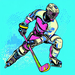 A hockey player displaying futuristic technology in a dynamic action, blending sports and advanced cybernetic elements pop art sticker vector.