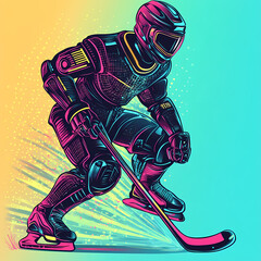 A hockey player displaying futuristic technology in a dynamic action, blending sports and advanced cybernetic elements pop art sticker vector.