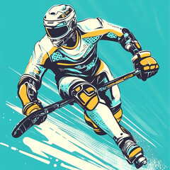 A hockey player displaying futuristic technology in a dynamic action, blending sports and advanced cybernetic elements pop art sticker vector.