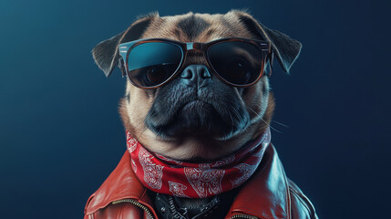 hyper realistic portrait of pug wearing sunglasses and stylish bandana, exuding cool and confident vibe. This charming dog showcases unique personality with its fashionable attire