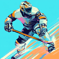 A hockey player displaying futuristic technology in a dynamic action, blending sports and advanced cybernetic elements pop art sticker vector.