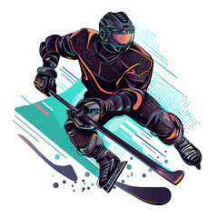 A hockey player displaying futuristic technology in a dynamic action, blending sports and advanced cybernetic elements pop art sticker vector.