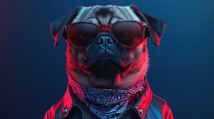 stylish pug wearing sunglasses and bandana exudes cool and confident vibe. vibrant colors and dramatic lighting enhance playful yet edgy character of this adorable dog