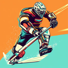 A hockey player displaying futuristic technology in a dynamic action, blending sports and advanced cybernetic elements pop art sticker vector.