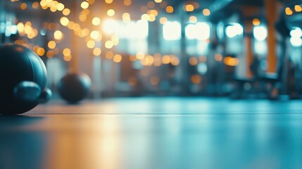 A blurred view of a gym floor with weights and soft lighting in the background.