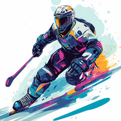 A hockey player displaying futuristic technology in a dynamic action, blending sports and advanced cybernetic elements pop art sticker vector.