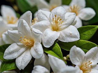 close up photo of beautiful jasmine flowers with white wall background