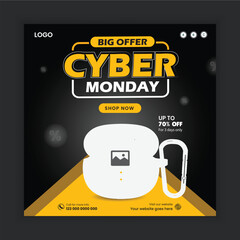 Cyber Monday mega sale social media post design template or earbuds sale web banner design