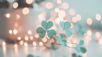 Sticker - Clover leaves stand out with enchanting bokeh lights in the background, enhancing a tranquil, cozy ambiance