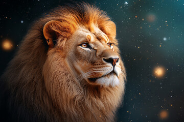 majestic lion gazing into the cosmos a symbol of strength and serenity amidst the stars