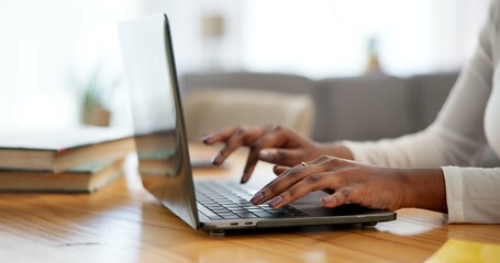 Fototapete - Student, laptop and hands of girl in home office for research assignment, college thesis and online portal. Education, typing and elearning with closeup of person for university, school and project