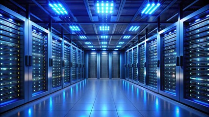 Countless modern server cabinets in a render farm. Dark, blue futuristic room, server cabinets, render farm, modern